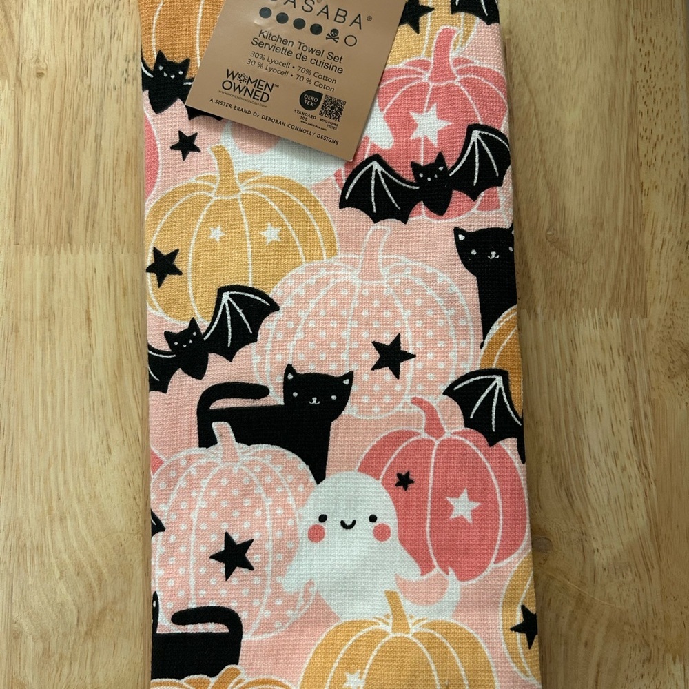 ⭐️ 2/$50 Casaba Halloween Kitchen Towel Ghost Cat Bat Pumpkin Black Pink